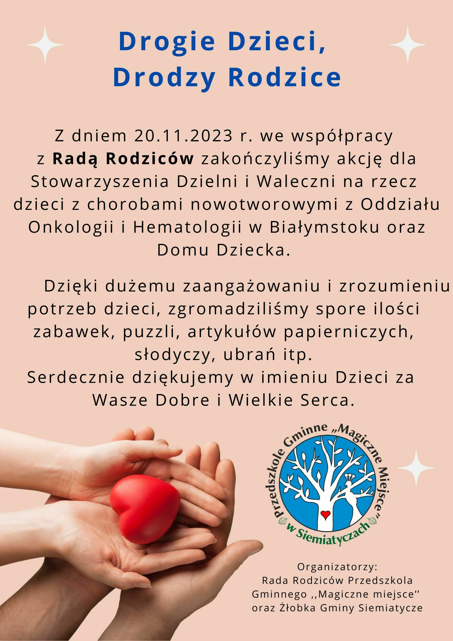 plakat informacja o zakonczeniu akcji dla stowarzyszenia dzielni i waleczni